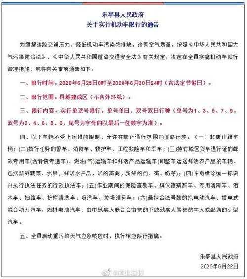 乐亭车辆限号, 今日限行信息一览